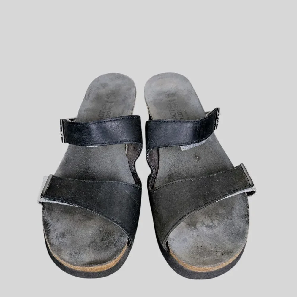 Naot Jacey Wedge Sandals Sz 40 US 9 Wide Black Gray Straps Two Tone Comfort